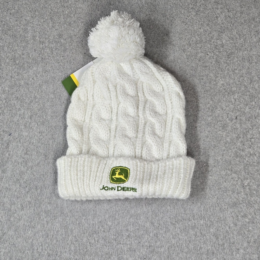 John Deere Men Beanie One Size White Pom-Pom Logo Embroidery NWT